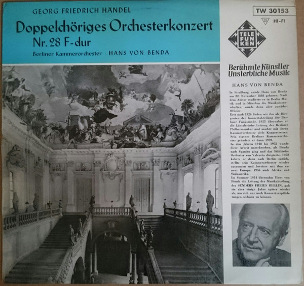 Georg Friedrich Händel, Berliner Kammerorchester, Hans Von Benda - Doppelchöriges Orchesterkonzert Nr. 28 F-Dur - Very Good Plus (VG+) - Vinyl